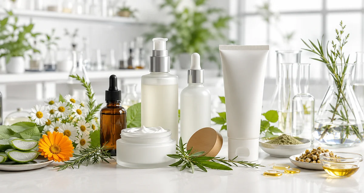 Eine Kollektion natürlicher Hautpflegeprodukte in weißen Glasbehältern, umgeben von frischen Kräutern, Blüten, Ölen und Pulvern.